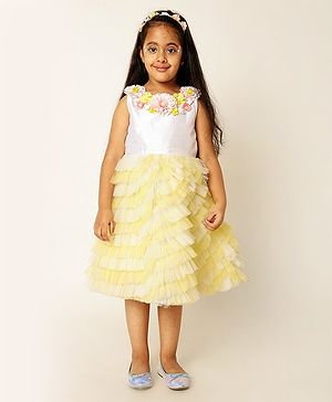 A Little Fable Sleeveless Floral Applique Detailed Layered Dress - Yellow & White