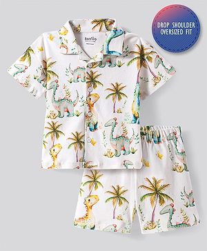 Bonfino 100% Cotton Knit Half Drop Shoulder  Sleeves Oversized Shirt & Shorts Set with Jungle Theme Print - Off White