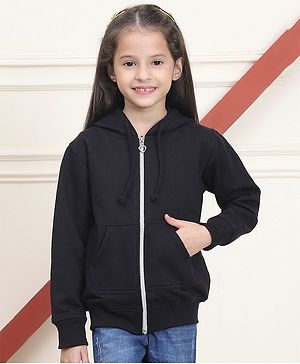 Mini & Ming Fleece Full Sleeves Solid Hooded Sweatshirt - Black