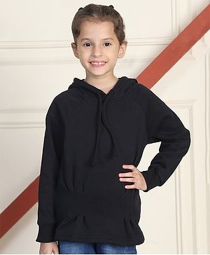 Mini & Ming Fleece Full Sleeves Solid Pleated Hooded Sweatshirt - Black