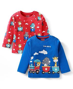 Babyhug Cotton Knit Full Sleeves T-Shirts with Animal Print Pack of 2 - Red & Blue