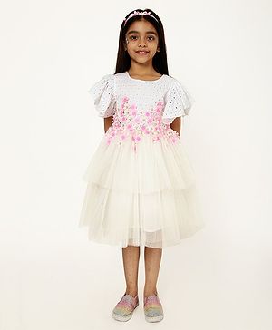 A Little Fable Half Frill Sleeves Schiffli Embroidered & Floral Appliquie Detailed Dress - White