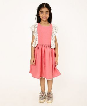 A Little Fable Cotton Sleeveless Frill Lace Embellished Dress - Coral