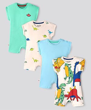 Bonfino Cotton Knit Half Sleeves Rompers with Dino Print Pack Of 4 - Light Green Peach & Light Blue