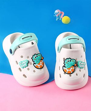 Cute Walk by Babyhug Clogs With Backstrap Closure Dino & Text Appliques - White