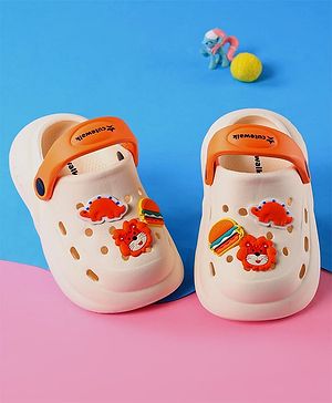 Cute Walk by Babyhug Clogs With Backstrap Closure Burger Lion & Dino Appliques - White
