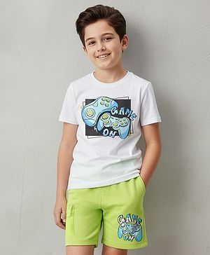 Pine Kids Cotton Knit Half Sleeves T-Shorts & Shorts Set with Gaming Print - White & Lime