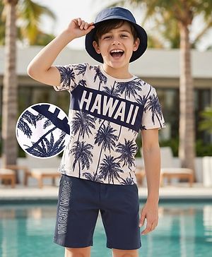 Pine Kids Cotton Knit  Half Sleeves  T-Shirt & Shorts Set with Hawaii Text Print - Navy Blue