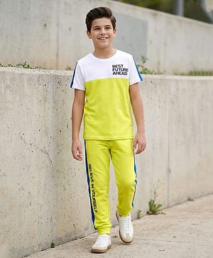 Pine Kids Cotton Woven Half Sleeves Cut & Sew Designed T-Shirt & Lounge Pant Set with Text Print - White & Lime Green