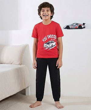 Pine Kids Single Jersey Knit Half Sleeves Night Suit With Car Print - Red