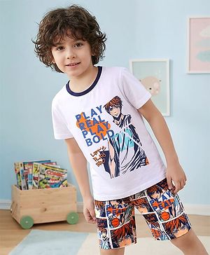 Pine Kids Single Jersey Knit Half Sleeves Shorts Night Suit With Rugby Ball Print - White