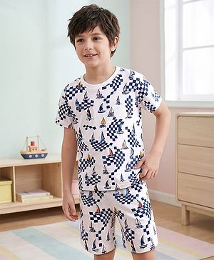 Pine Kids Single Jersey Knit Half Sleeves Shorts Night Suit with Ship Print - White
