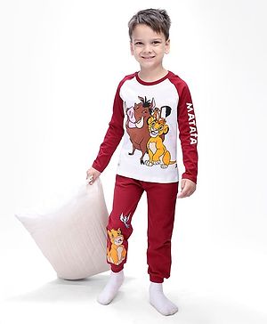 Babyhug Disney Single Jersey Knit Full Raglan Sleeves T-Shirt & Joggers Set With Simba & Friends Graphics - Dark Red & White