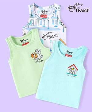 Babyhug Disney Cotton Knit Sleeveless Vests With Lady And The Tramp Graphics Pack of 3 - White Light Blue & Light Green