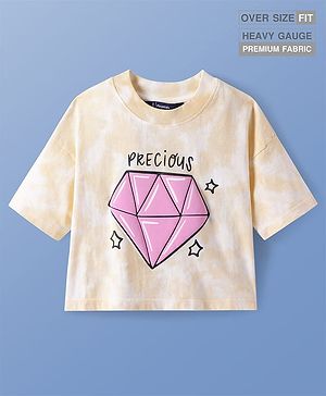 Pine Kids Cotton Knit Half Drop Shoulder Sleeves T-Shirt with Text Print - Peach