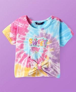 Pine Kids Cotton Knit Half Sleeves Text Printed T-Shirt with Bow Detailing - Pink Blue & Yellow