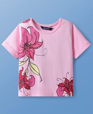 Pine Kids Cotton Knit Half  Sleeves T-Shirt with Floral Print - Pink