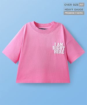 Pine Kids Cotton Knit Half Drop Shoulder Sleeves T-Shirt with Text Print - Dark Pink
