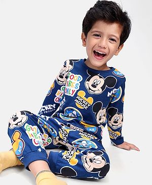 Babyhug Disney Single Jersey Knit Full Sleeves Mickey Mouse Printed Night Suit - Navy Blue