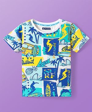 Pine Kids Cotton Knit Half Sleeves T-Shirt with Beach Theme - White
