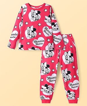 Pine Kids Disney Single Jersey Knit Full Sleeves Nightsuit Set With Minnie Mouse Graphics - Red