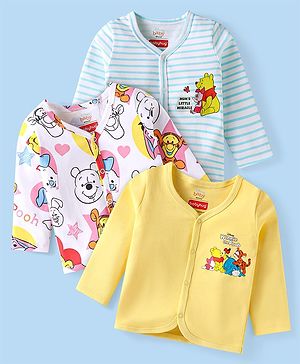 Babyhug Disney Interlock Knit Full Sleeves Jhablas with Winnie the Pooh Graphics & Stripes Pack of 3 - Yellow & White