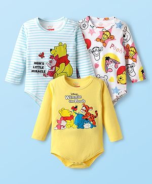 Babyhug Disney Cotton Knit Full  Sleeves Onesies with Winnie The Pooh Graphics Pack Of 3 - Yellow White & Blue