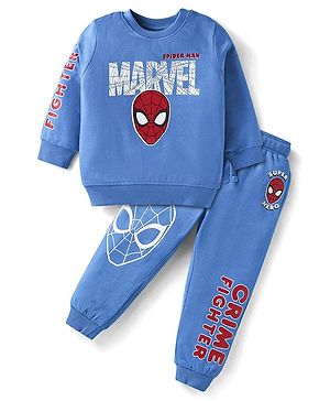 Babyhug Marvel Terry Knit Full Sleeves T-Shirt & Lounge Pant Set With Spider Man Graphics - Blue
