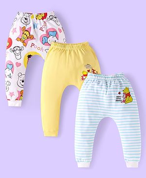 Babyhug Disney Interlock Knit Diaper Leggings with Winnie The Pooh  Graphics Pack of 3- Yellow White & Blue