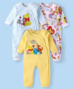 Babyhug Disney Interlock Knit Full Sleeves Rompers With Winnie The Pooh Graphics Pack of 3 - Yellow White & Blue