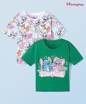 Honeyhap Disney Cotton Knit Half Sleeves T-Shirt With Lilo & Stitch All Over Print Pack of 2 - Green & White