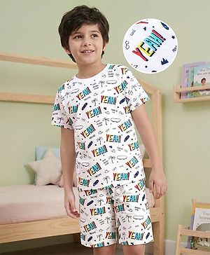 Pine Kids Single Jersey Knit Half Sleeves Night Suit With Text Print - White