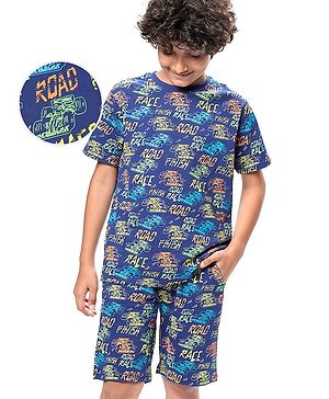 Pine Kids Single Jersey Knit Half Sleeves Shorts Night Suit with Racing Car Print - Blue