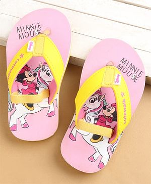 Cute Walk by Babyhug Flip Flops with Back strap Closure Minnie Mouse Print - Yellow & Pink