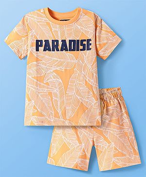Pine Kids Single Jersey Knit Half Sleeves T-Shirt & Short Night Suit  with Leaves Print - Orange