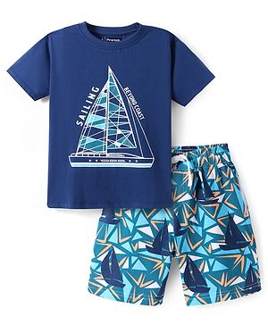 Pine Kids Single Jersey Half Sleeves Shorts Night Suit with Ship Print - Navy Blue