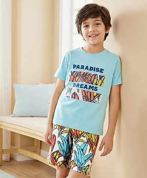 Pine Kids Single Jersey Knit Half Sleeves Night Suit With Text & Leaf Print - Light Blue