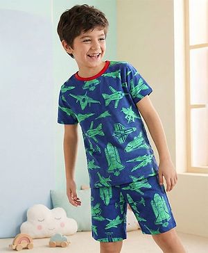 Pine Kids Single Jersey Knit Half Sleeves Shorts Night Suit with Aeroplane Print - Navy Blue