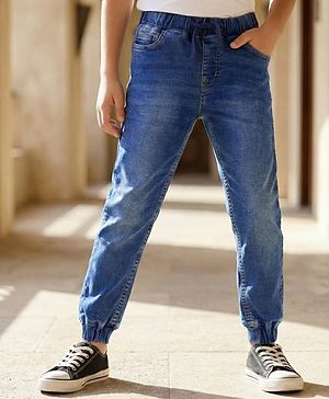 Pine Kids Woven Full Length Solid Washed Denim Joggers - Blue