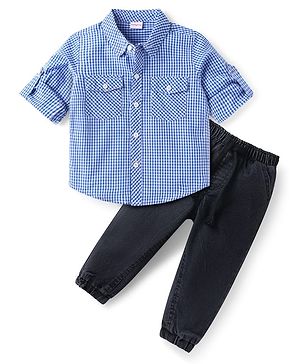 Babyhug Cotton Woven Full Sleeves Checkered Shirt & Trouser Set - Light Blue & Black
