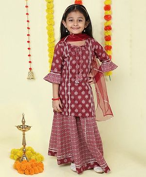 The Magic Wand Cotton Three Fourth Bell Sleeves Floral Printed Kurta Sharara With Dupatta Set - Maroon