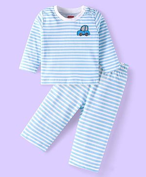 Babyhug Single Jersey Knit Full Sleeves Striped T-Shirt & Lounge Pant Set With Car Print - Light Blue & White