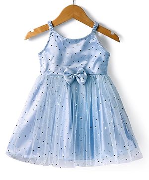 Babyhug Woven Sleeveless Party Wear Fit & Flare Dress With Foil Print  & Bow Detailing - Blue