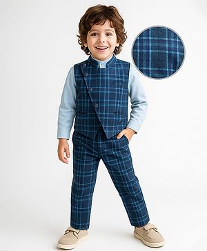 Babyhug Woven Full Sleeves Checkered 3 Piece Party Suit - Light Blue