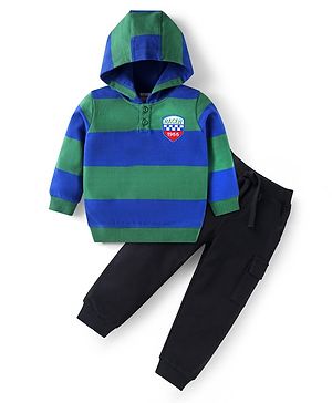 Babyhug Terry Knit Full Sleeves Colour Block Hooded T-Shirt with Patch & Joggers Set - Blue