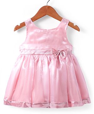 Babyhug Woven Sleeveless Party Dress With Bow Applique - Peach