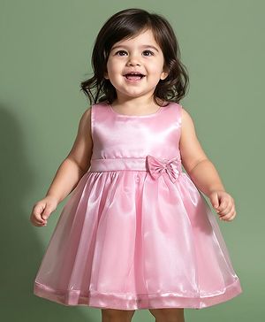 Babyhug Woven Sleeveless Party Dress With Bow Applique - Peach