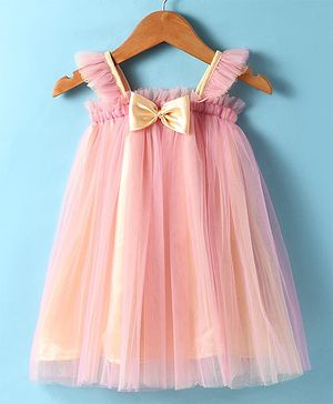Babyhug Woven Singlet Sleeves Party Dress with Bow Applique & Frill Detailing - Pink