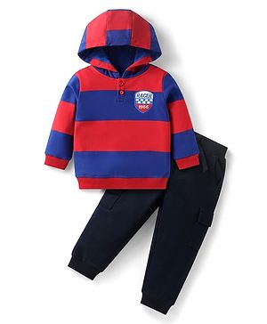 Babyhug Terry Knit Full Sleeves Striped Hooded T-Shirt & Lounge Pant Set With Racer Embroidery - Red & Black