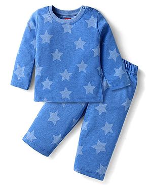 Babyhug Single Jersey Knit Full Sleeves T-Shirt & Lounge Pant Set With Star Print - Blue